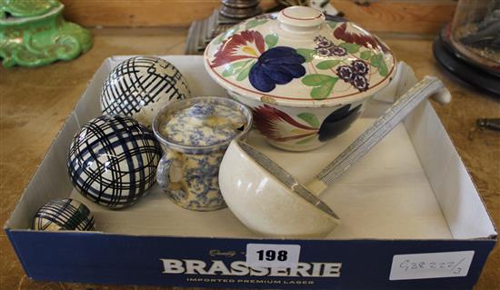 3 carpet bowls, Spongeware bowl, ladle & pot